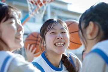A group of female women are enjoying playing basketball happily and restlessly together on the basketball court.