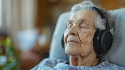 Senior woman wearing headphones receiving sound therapy for balance and overall well-being. Concept...