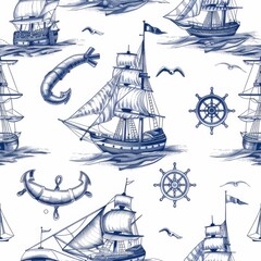 Vector seamless pattern of nautical adventures, ships, boats, ocean, waves, fish, marine life