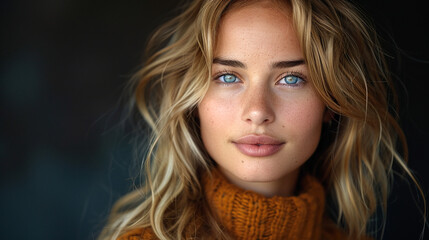 Fototapeta premium Professional studio photo portrait of a attractive beautiful young woman, stunning girl with natural beauty, natural beauty, a person, with a pronounced emotional expression, widescreen 16:9