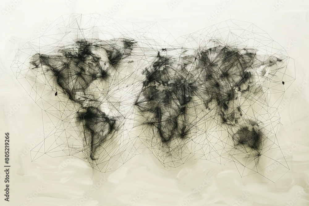 Poster global connections, a world map connected by scribbled lines, representing international business an