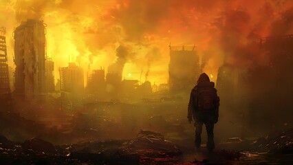Artwork depicts hero in postapocalyptic world resilient survivor at pivotal moment. Concept Postapocalyptic, Hero, Resilient Survivor, Pivotal Moment, Artwork