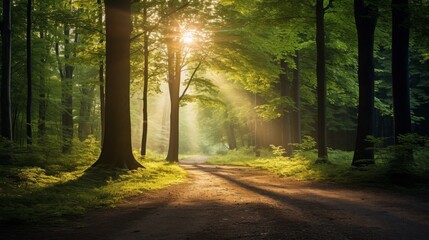 Obraz premium Magical summer scenery in a dreamy forest, with rays of sunlight beautifully illuminating the wafts of mist and painting stunning colors into the trees. High quality photo