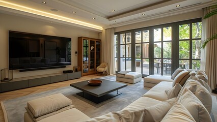 Spacious elegant living room with a large TV screen. Concept Elegant Living Space, Large TV Screen, Spacious Interior