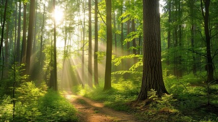 Magical summer scenery in a dreamy forest, with rays of sunlight beautifully illuminating the wafts of mist and painting stunning colors into the trees. High quality photo