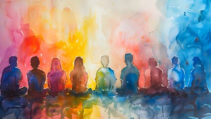 Watercolor painting illustrating mental health concepts in group therapy session. Concept Art Therapy, Group Counseling, Mental Health Awareness, Watercolor Techniques
