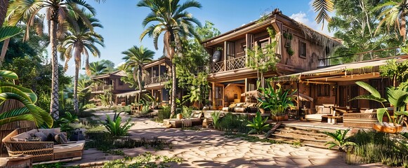 Idyllic tropical resort with thatched bungalows surrounded by lush greenery and ocean views