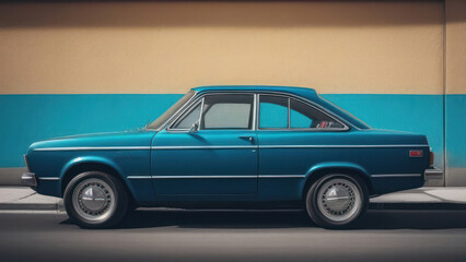 A beautifully maintained classic blue car stands against a contrasting modern architectural backdrop, highlighting the blend of classic design and contemporary urban aesthetics