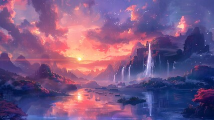 This digital painting captures a tranquil mountain lake under a pink sunset, surrounded by flowering trees and snowy peaks, Digital art style, illustration painting.