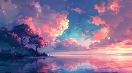 A breathtaking digital artwork of a vibrant red tree standing on a cliff with a backdrop of misty mountains and a sunset sky, Digital art style, illustration painting.