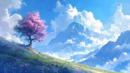 A breathtaking digital artwork of a vibrant red tree standing on a cliff with a backdrop of misty mountains and a sunset sky, Digital art style, illustration painting.