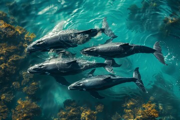 Obraz premium A serene underwater scene showcasing a close grouping of humpback whales gliding through seaweed