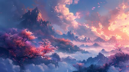 Captivating digital art of a surreal sunset casting vibrant pink and blue hues over a serene, mystical lake landscape, Digital art style, illustration painting.