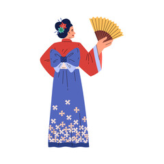 Vector image of a Japanese woman with a fan in her hands with a kimono