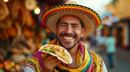 Joyful Mexican man in traditional attire holding a taco, with a vibrant market background, embodying the lively culture and cuisine