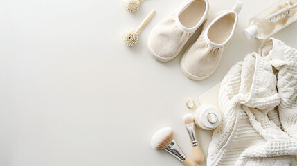Baby shoes terry towel and cosmetics on white background
