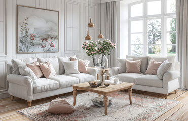 A bright and airy living room with white paneling, a light grey sofa, a cream armchair, a wooden coffee table, pastel pink pillows, plants on shelves, large windows with natural lighting