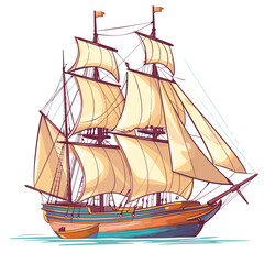 Sailing ship illustration, tall ship large sails, marine vessel drawing. Oldfashioned sailing boat, vintage sailboat graphic, nautical theme artwork. Colorful sailboat, historical illustration, sea