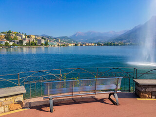 Lake Lugano and Cityscape in a Sunny Day in Lugano, Ticino, Switzerland.