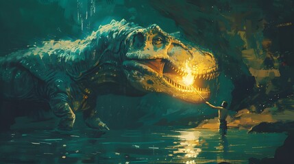 Dramatic digital art depicting a brave man holding a torch while confronting a colossal Tyrannosaurus Rex in a murky environment, Digital art style, illustration painting.