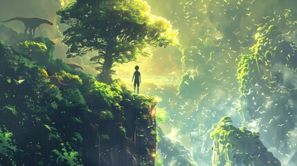 A digital painting of a young boy standing on a cliff, witnessing a majestic flying dragon in a mystical, floating landscape with sparkling lights, Digital art style, illustration painting.