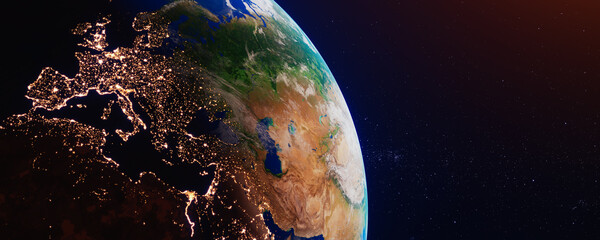 Planet Earth at night from space. City lights on planet. Star and galaxy. Showing the lights of Europe, Middle east, West asia and North Africa. Elements of this image furnished by NASA. 3D rendering. © Tee11