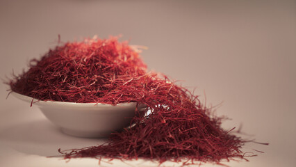 Saffron in a white bowl, related to cooking and recipes