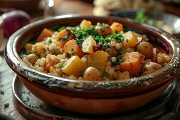 dish of stewed potatoes with chickpeas and herbs close-up shot