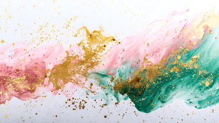 Fototapeta premium Abstract painting with vibrant splashes of pink, gold, and green, creating a dynamic and textured effect, colorful eyeshadow against white background