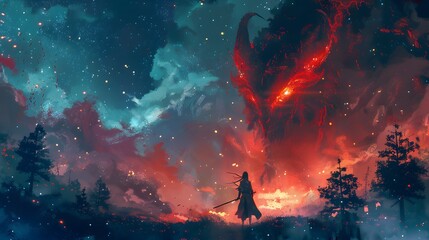 Digital painting depicting a young girl in a red dress, standing in a mystical forest, watching a spectacular celestial phenomenon in the sky, Digital art style, illustration painting.