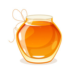 Natural honey in a glass jar with bow isolated on white background.

