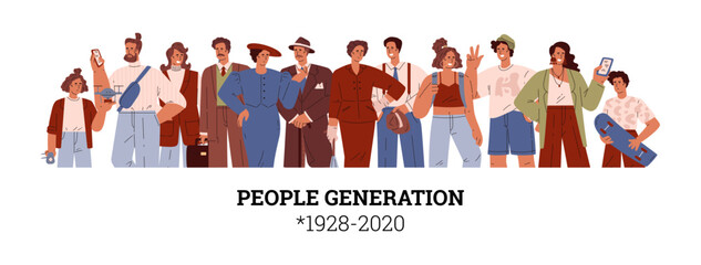 People generations 1928-2020 vector illustration, characters of Silent, Baby Boomers, X, Y, Z alpha social development