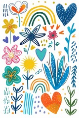 A colorful drawing of flowers and plants. The flowers are in various colors and sizes, and they are scattered throughout the image. Scene is cheerful and vibrant, with the flowers representing growth