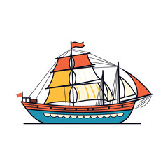 Sailing ship vector illustration, colorful sailboat isolated white background, marine vessel graphic design. Oldfashioned sailing ship, red yellow sails, nautical theme artwork. Cartoon style
