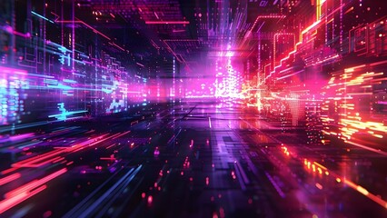 Neon-colored digital glitch art blending cyberpunk and retro futurism aesthetics. Concept Digital glitch art, Cyberpunk style, Neon colors, Retro futurism, Aesthetics blending