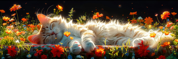 A Ragdoll cat peacefully napping in a sunlit spot amidst a bed of blooming flowers, embracing the serenity of nature.