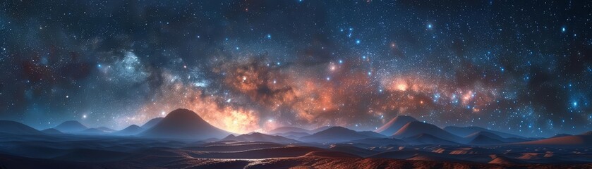 Fototapeta premium A 3D render of the milky way galaxy arcs brilliantly over a surreal desert landscape at night, Sharpen Landscape background