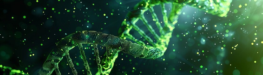 Vivid neon green DNA helix twisting against a deep black backdrop, symbolizing AI-driven genetic research in healthcare, clear and bright with text space