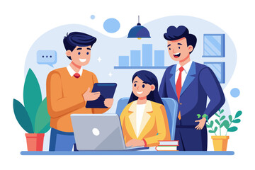 Inspired young Indian entrepreneur man talking to business partner consulting financial specialist legal expert at office workplace Project manager explaining job task to colleague modern flat design