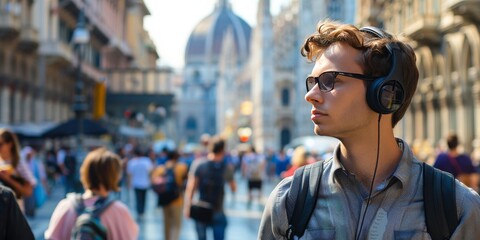 A content modern looking tourist wearing heaphones in  eyes visible looking at something