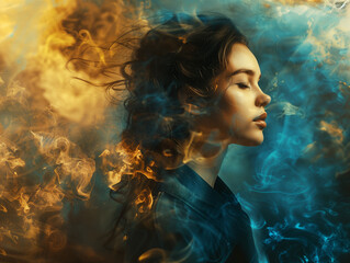 A stunning woman emerges from ethereal yellow and blue smoke, embodying the duality of fire and ice in a transcendental dreamscape.