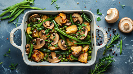 Baking dish with tasty cooked mushrooms and green beans