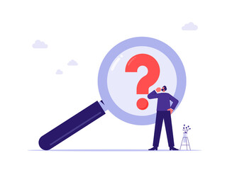 Search for solution or new business opportunity concept, Business man uses a magnifying glass to search for new business idea