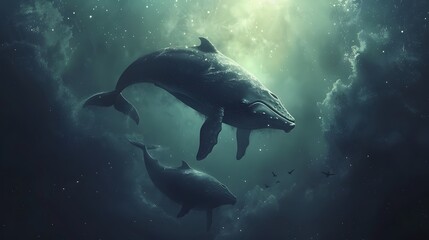 This breathtaking digital artwork captures humpback whales gracefully swimming through a celestial ocean, surrounded by a constellation of stars and cosmic clouds.