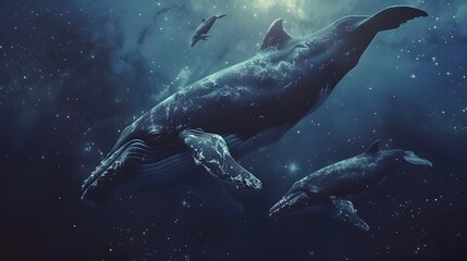 Fototapeta premium This breathtaking digital artwork captures humpback whales gracefully swimming through a celestial ocean, surrounded by a constellation of stars and cosmic clouds.
