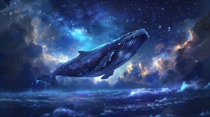 A breathtaking scene featuring a whale soaring above the ocean against a starry sky and vibrant sunset clouds, Digital art style, illustration painting.