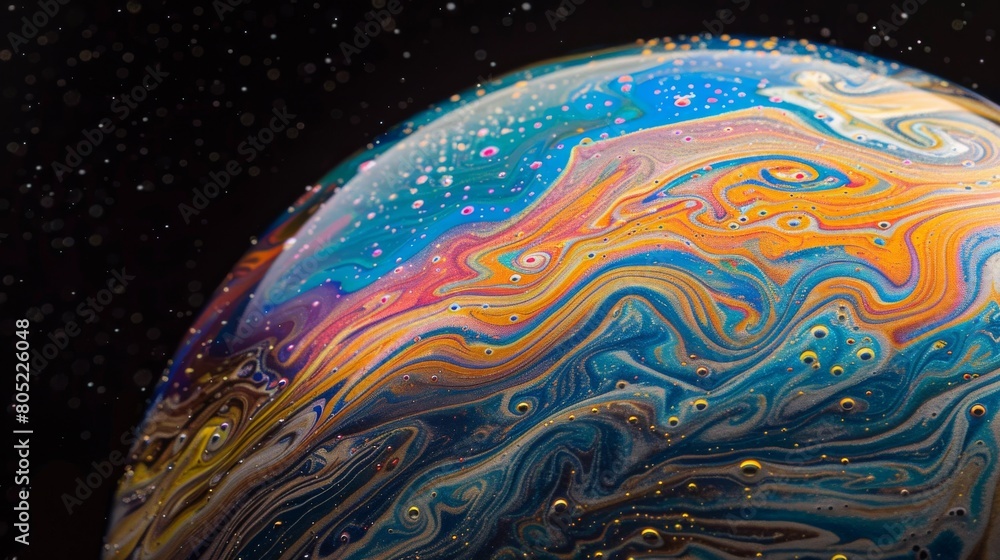 Poster Intense close-up of a soap bubble surface showing a marbled pattern of iridescent colors