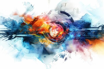 A cyber watercolor painting of a traditional scene disrupted by eery futuristic elements that be different from the norm