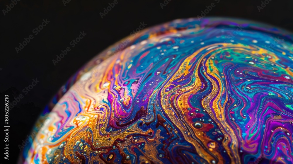 Poster Mesmerizing close-up of a soap bubble revealing intricate colorful patterns and the fluidity of its surface
