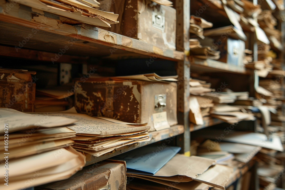 Poster historical documents and letters in an archive close-up on the preservation of information and memor